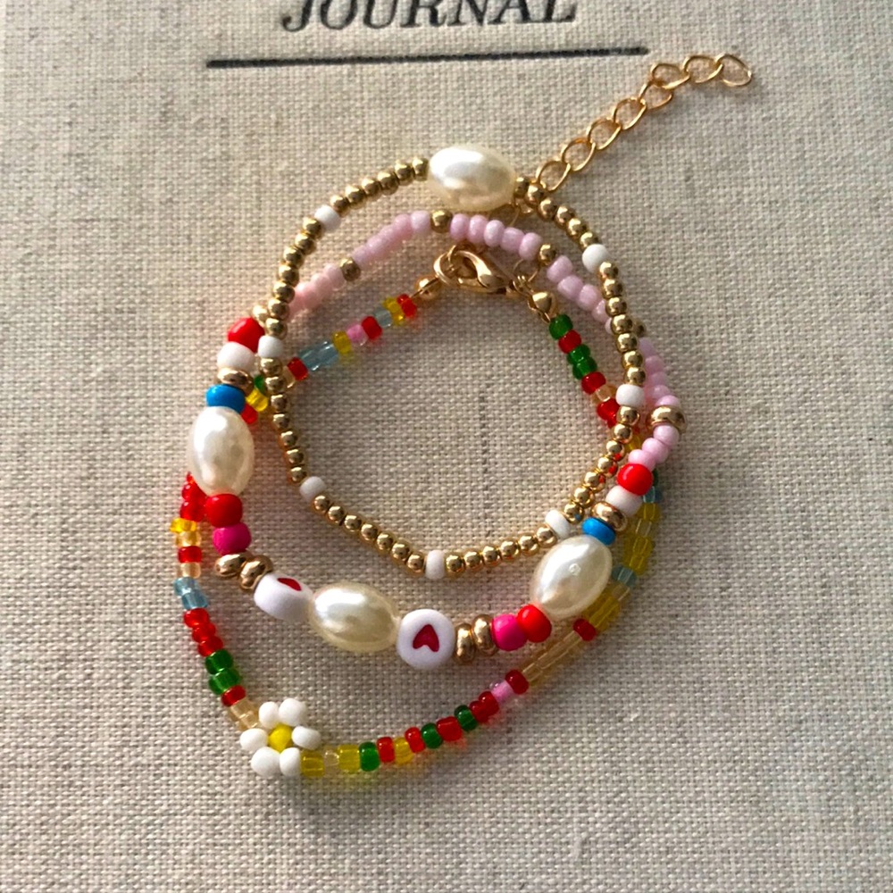3 piece set flower beaded bracelet anklet
